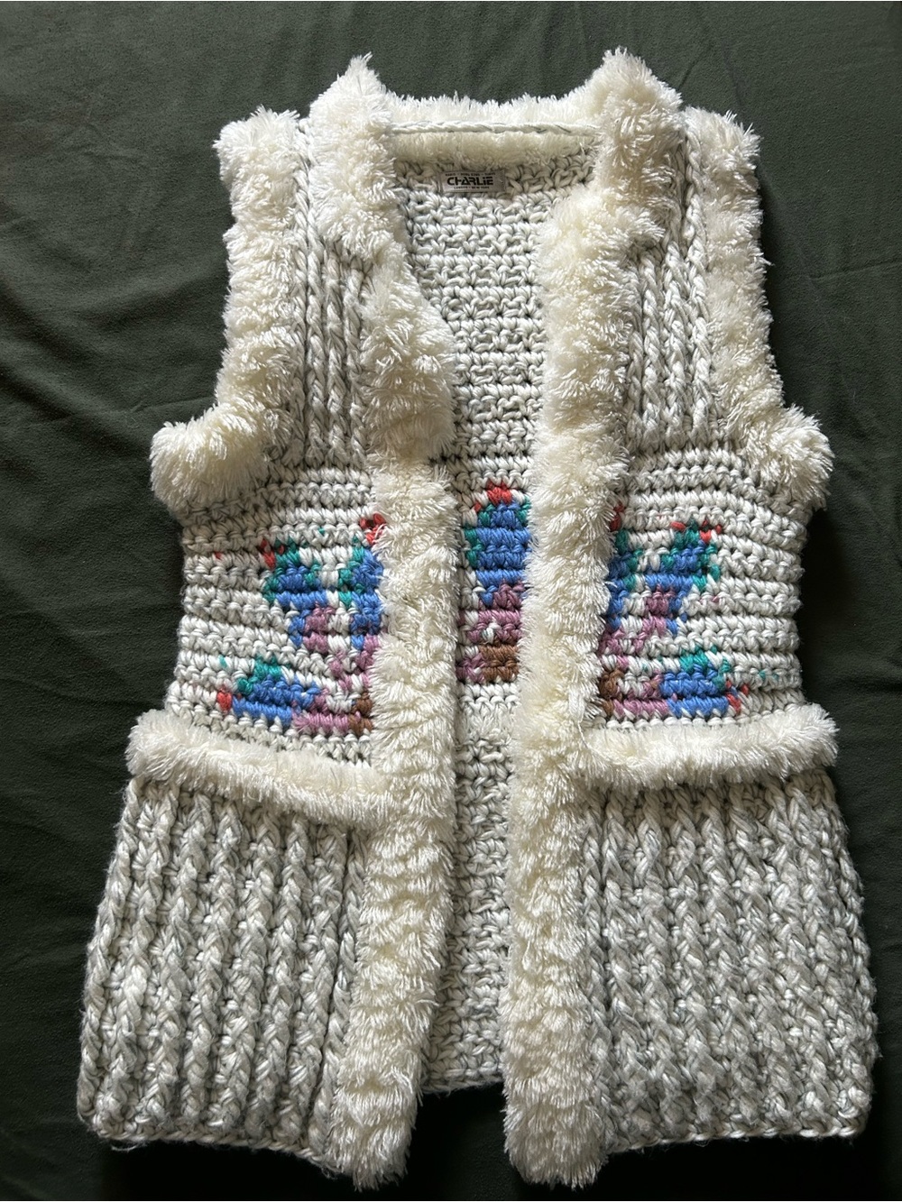 Charlies cream textured knit vest with plush trim